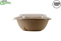 250 Count - EcoQuality 24oz Round Deep Disposable Bowls with Lids Natural Sugarcane Bagasse Bamboo Fibers Sturdy Compostable Eco Friendly Environmental Paper Plastic Bowl Alternative Tree Free