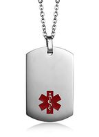 JF.MED Stainless Steel Medical Alert ID Pendant Necklace for Men & Women 20 inch,Free Engraving