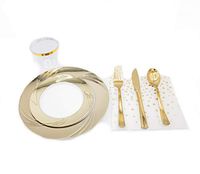 160 Piece Gold Plastic Disposable Plates and Plastic Silverware Set