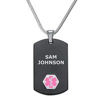 Divoti Deep Custom Laser Engraved Stainless Steel Medical Alert Necklace for Women, Chic Black & Silver Medical ID Necklace, Medical Dog Tag w/Free Engraving 24 Snake Chain-Pink