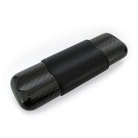 monCarbone Portable Carbon Fiber Cigar Travel Case with Genuine Leather Sleeve 2-Finger Cigars - Glossy Black