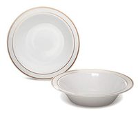 " OCCASIONS" 40 Bowls Pack, Heavyweight Disposable Wedding Party Plastic Bowls (14 oz Soup Bowl, White & Rose Gold Rim)