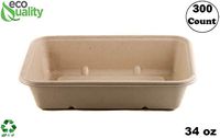 [300 Pack] 34oz Compostable Eco Friendly Container Trays - Rectangular Oblong Tree Free Sugarcane Bagasse Meal Prep Bento Boxes Take Out Catering Microwavable Deep Container by EcoQuality