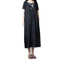 Vintage Summer Casual Cute Women Short Sleeve Mid-Calf Loose Hem Dress Black