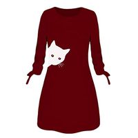 LATINDAY ◆ Women's Elegant Loose T Shirt Dress O Neck Home Mini Dresses Tops with Bow Wine