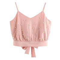Womens Fashion Tank Vest Chiffon Camisole Sleeveless Crop Tops Pearl Camis (M, Pink)