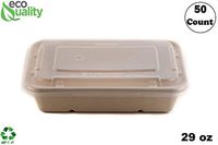 [50 Pack] 29oz Compostable Eco Friendly Container Trays with Lids - Rectangular Oblong Tree Free Sugarcane Bagasse Meal Prep Bento Boxes Take Out Catering Microwavable Deep Container by EcoQuality