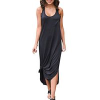 Women Side Slit Dress - Casual Sleeveless O Neck Back Racer Irregular Loose Long Dress with Front Pocket