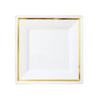 Premium Reusable Heavyweight Plastic Salad Plates, 6.5" 20Count, Traditional Square, Gold