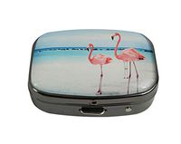XUTAI Custom Personalized Square Stainless Steel Gun Silver Glass Travel Pill Case Vitamin Decoration Box (Beach Flamingos)