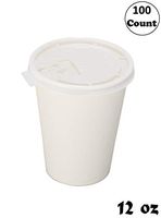 EcoQuality Durable Disposable Paper Cups & Flat Lids For Hot/Cold Drink, Coffee, Tea, Cocoa, Travel - Medium 12 Ounce Cups, 100 Count Cups & 100 Count Lids - White