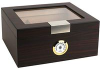 Mantello Ebony Glass-Top Cigar Humidor Humidifier Box with Hygrometer and Cedar Wood Humidity Packet Holder - Holds (25-50 Cigars)