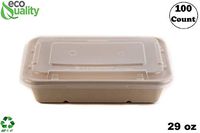 [100 Pack] 29oz Compostable Eco Friendly Container Trays with Lids - Rectangular Oblong Tree Free Sugarcane Bagasse Meal Prep Bento Boxes Take Out Catering Microwavable Deep Container by EcoQuality