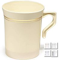 " OCCASIONS" 40 Mugs Pack, Heavyweight Disposable Wedding Party Plastic 8 oz Coffee Mugs/Tea Cups/Cappuccino Cups/Espresso Cup with Handles (8 oz Mugs, Ivory & Gold Rim)