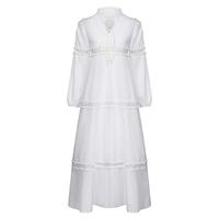 HNTDG Women Plus Size Bohemian Solid Lace Crochet Patchwork Casual Loose 3/19 Sleeve Collar Tunic Dress White