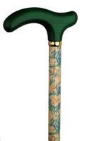 Walking Cane - Ladies potpourri print on maple wood shaft with coordinated green solid wood Fritz handle and brass band 35" long with rubber tip