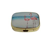 LCTCKP Custom Fashion Square Glass Gold Pill Case Decorative Metal Western Medicine Tablet Container Box (Beach Flamingos)