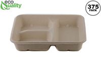 [375 Pack] 33 oz Compostable 3 Compartment Food Trays with Pulp Fiber Lids - Unbleached, Sugarcane, Plant Fiber, Heavy Duty, Microwavable, Biodegradable, Tree Free, Ecofriendly, Lunch Trays, Meal Prep