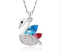 NEW Womens Swan Blue Red Crystal Rhinestone Silver Chain Pendant Necklace - Prom Pretty Beautiful Bright Cute Stylish Aesthetic Comfortable Accessory Daily