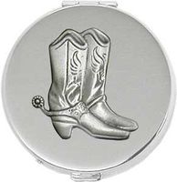 'Cowboy Boots' Round Silver Pill Box/Compact Travel Case (Gift Box Edition)