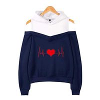 Alangbudu Women Cold Shoulder Printed Hoodie Fake Two-Piece Pullover Long Sleeve Sweatshirt Loose Tops Sport Blouse