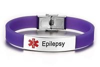 JF.JEWELRY Pre-Engraved Epilepsy Medical Alert ID Bracelet for Men Women Silicone Band Adjustable-Purple