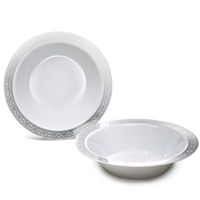 " OCCASIONS" 60 Bowls Pack, Heavyweight Disposable Wedding Party Plastic Bowls (14oz Soup Bowl, Palace in White & Silver)