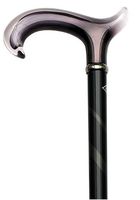 Walking cane-Grey Tease. This walking stick cane has a derby plexi handle. This Walking aid has a black- gray hardwood shaft with stripe tease finish. This wooden cane has a weight capacity of 250 pounds and 36 inches long