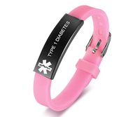 VNOX Type 1 Diabetes Medical Alert Pink Silicone Rubber Stainless Steel Adjustable Cuff Wristband for Adult Child