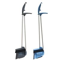 Coralpearl Upright Standing Dustpan and Brush Set Dust Pan Broom Combo Sweep Cleaning Tool Organizer with Long handle Rubber Lip for Lobby Kitchen Garden Garage Outdoors Indoor 36"(Grey+Blue)