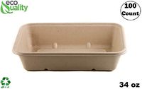 [100 Pack] 34oz Compostable Eco Friendly Container Trays - Rectangular Oblong Tree Free Sugarcane Bagasse Meal Prep Bento Boxes Take Out Catering Microwavable Deep Container by EcoQuality