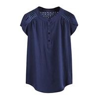 Meikosks Women's Short Sleeve Blouses Striped Printed Tops Hollow Out Patchwork T Shirt Dark Blue