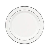 Party Essentials 70-Count Hard Plastic 7.5" Divine Dinnerware Disposable China Salad/Dessert Plates, White with Silver Band