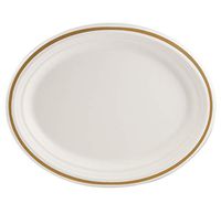Compostable Printed Rim Plates, 12.5 Inch, Oval Shaped, White with Gold, 48 Pack