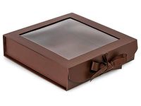 Folding Presentation Boxes - Bulk 8x8x2" Chocolate Folding Box Ribbon Closures and Window Lid - (18 Per Pack) - WRAPS-FBB8CH