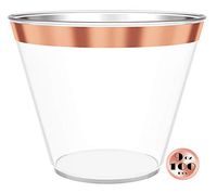 JL Prime 100 Rose Gold Plastic Cups, 9 Oz Heavy Duty Reusable Disposable Rose Gold Rim Clear Plastic Cups, Old Fashioned Tumblers, Hard Plastic Drinking Cups for Party and Wedding