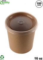 [100 Pack] 16 oz Disposable Kraft Paper Soup Containers with Plastic LIDS - Pint Ice Cream Containers, Frozen Yogurt Cups, Restaurant, Microwavable, Take Out, Food Storage, Recyclable