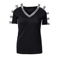 LATINDAY Women Sexy Long Sleeve Cut Off Shoulder Rhinestones Tunic Tops T Shirts Blouse Black