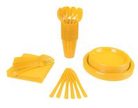350 PCS Disposable Tableware Combo Pack INCLUDES: 50 9" Yellow Plastic dinner plates | 50 7" plastic appetizer plates |50 plastic cups | 50 paper napkins | 50 plastic cutlery spoons forks & knives