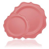 Tiger Chef 96-Pack Pink Color Round Scalloped Rim Disposable Plastic Plate Set for 48 Guests Includes 48 10-Inch Dinner Plates, 48 8-Inch Salad Plates - BPA-Free