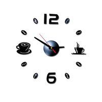 heavKin 3D Mirror Wall Clock Coffee Cup Wall Sticker Clock,Silent Accurate Sweep Movement (Black, Size: Diameter 40cm)
