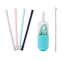 Silicone Straw Collapsible Reusable, Folding Drinking Straws Keychain Foldable Final Premium Food-Grade Portable Set with Hard Case Holder Cleaning Brush for Travel, Household (4 PCS)
