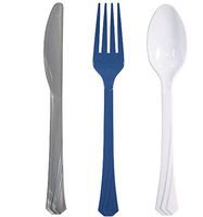 Tiger Chef Blue White and Silver Hanukkah Flatware Party Supplies, Heavyweight Colored Plastic Silverware Includes 48 Forks, 48 Teaspoons, and 48 Knives (Hanukkah, 144)