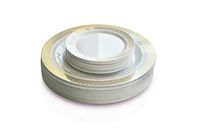 " OCCASIONS" 300 Pcs Set & 60 GuestWedding Disposable Plastic Plate & Silverware Combo Set (Celebration White & Gold plates, Gold Silverware)