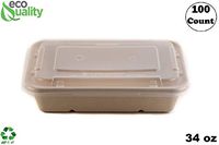 [100 Pack] 34oz Compostable Eco Friendly Container Trays with Lids - Rectangular Oblong Tree Free Sugarcane Bagasse Meal Prep Bento Boxes Take Out Catering Microwavable Deep Container by EcoQuality
