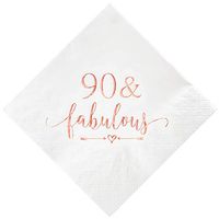 Crisky 90 and Fabulous Cocktail Napkins Rose Gold for Women 90th Birthday Decorations, 90th Birthday Bevergae Dessert Cake Table Supplies, 50Pcs, 3-Ply