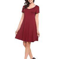 Women Above Knee Dress - Summer Soft Casual Loose Round Neck Solid Color Short Sleeve Mini Dresses with Pocket