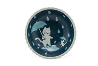 Japanese Blue Cat with Umbrella and Mouse Design Bowl, 6 1/4 Inch