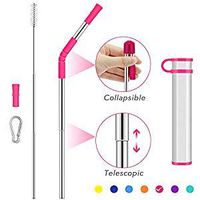 Collapsible Telescopic Straw Reusable Drinking Straws,Portable Stainless Steel Metal Straw Folding Final with Carrying Case&Cleaning Brush Keychain Carabiner&Silicone Tips for Travel-Rose