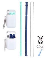Reusable Collapsible Silicone Straw 2 Pack With Case Foldable Drinking Straws Portable Set Holder and Cleaning Brush save the turtles carryingstraw(blue & green)
